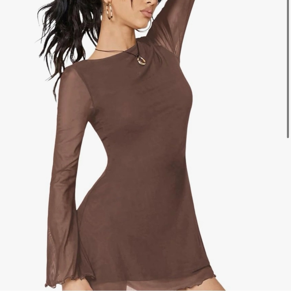Boat neck sheer brown mini dress